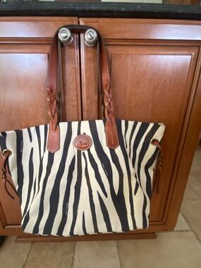 Dooney & Bourke Black and Cream Zebra-Print Tote with Brown Leather Trim